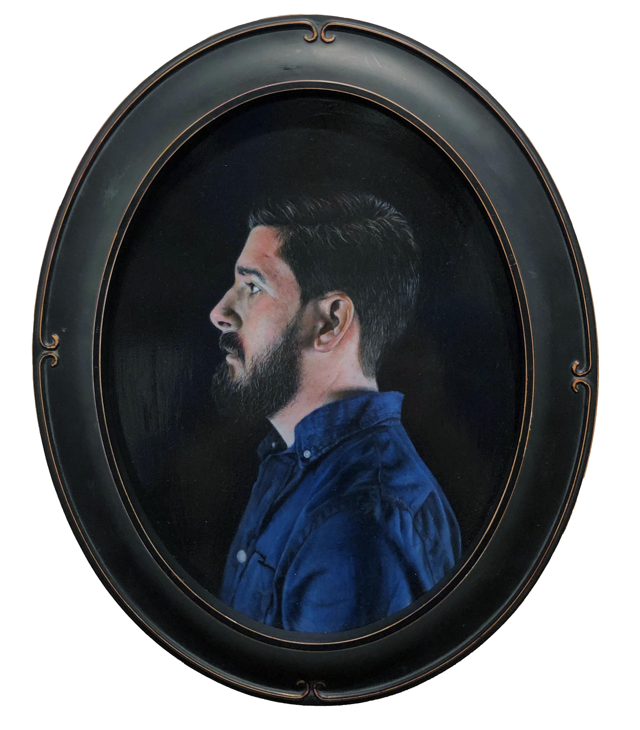 Figurative Painting de Matthew Cook - El Artista de Perfil - Pintura Retrato Ovalada con Extraordinario Detalle