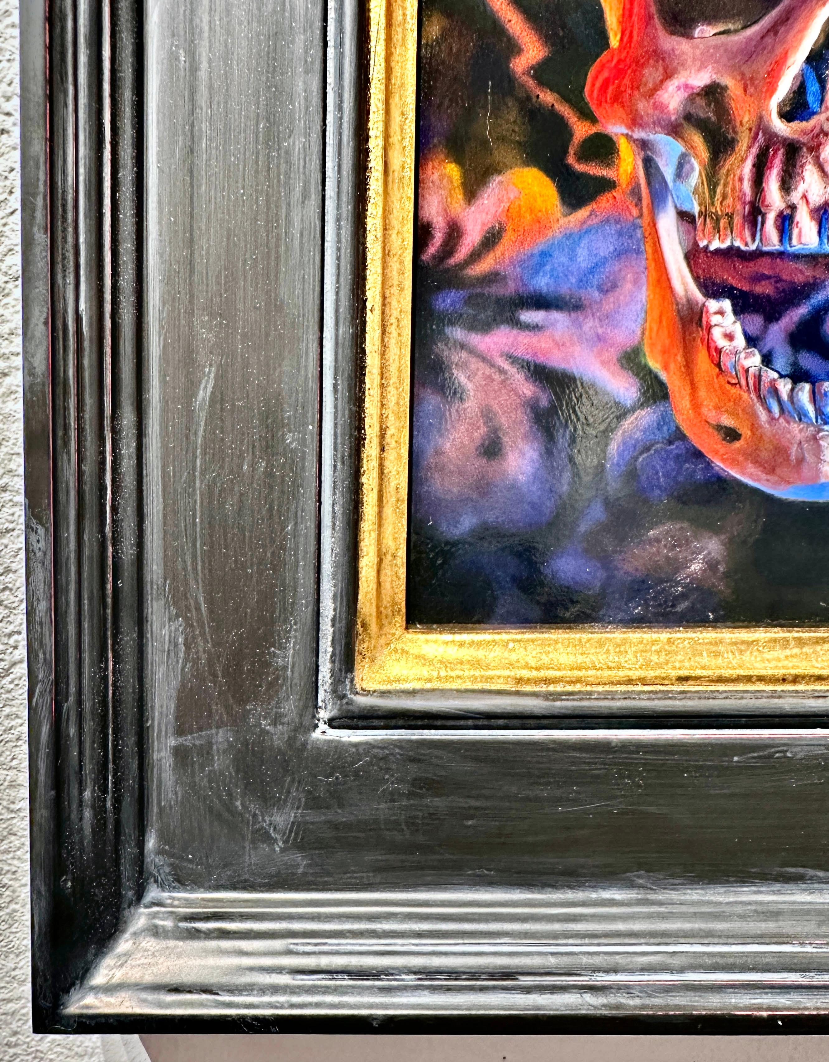 Vanitas III - Natura morta con teschio umano e fiori, olio su alluminio - Still-Life Painting Nero di Matthew Cook