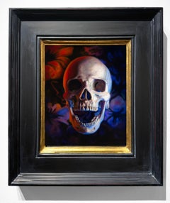 Vanitas III - Pintura Naturaleza Muerta de un Cráneo Humano y Flores, Óleo sobre Aluminio