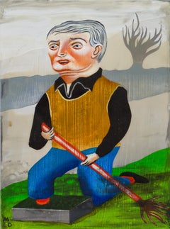 EMILY CLOCKING - surrealist painting of a figure with a rake