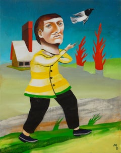 THE SPARROW - surrealist painting of figure with bird and house
