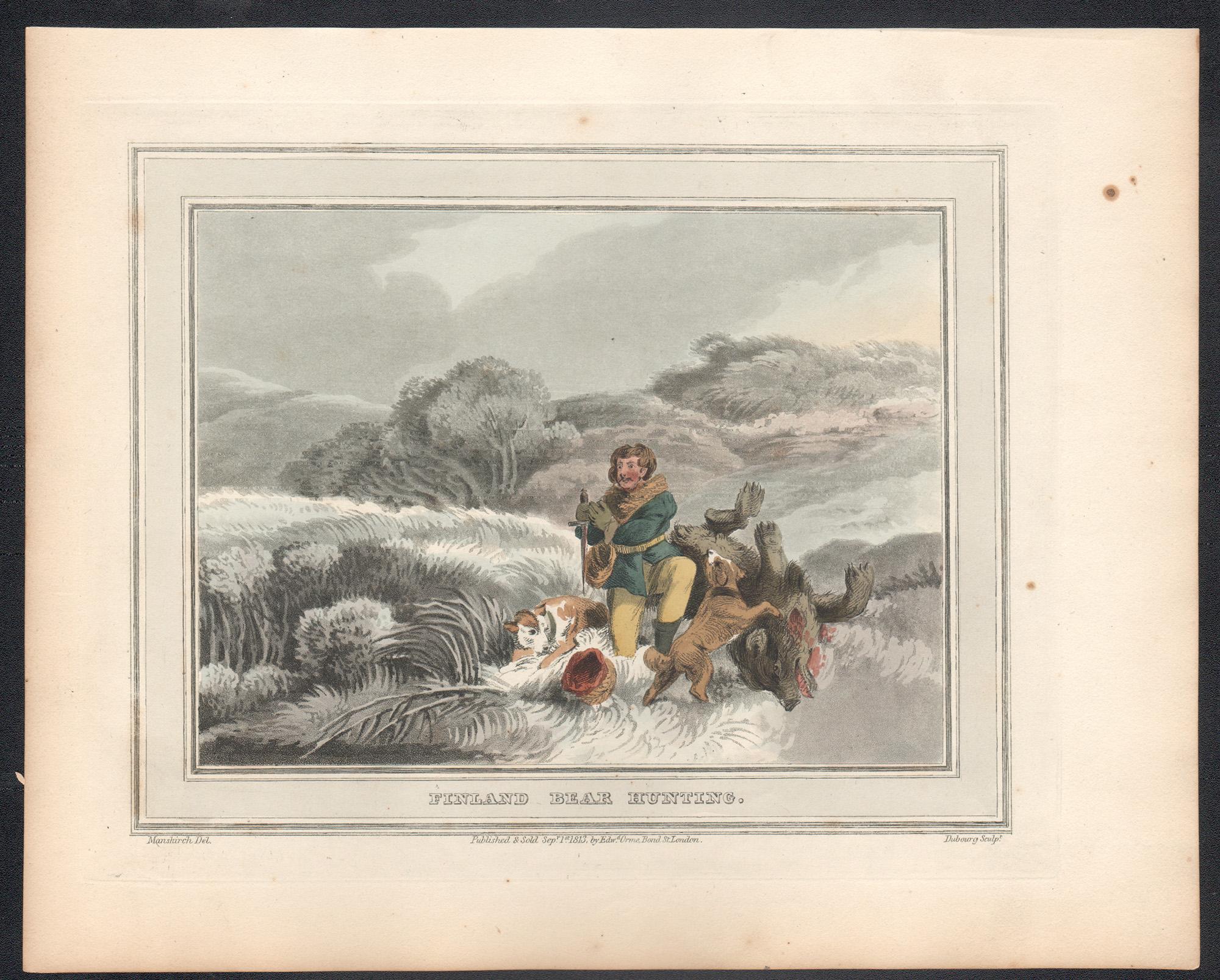 Finland Bear Hunting, aquatint engraving hunting snow print, 1813 - Print by Matthew Dubourg 