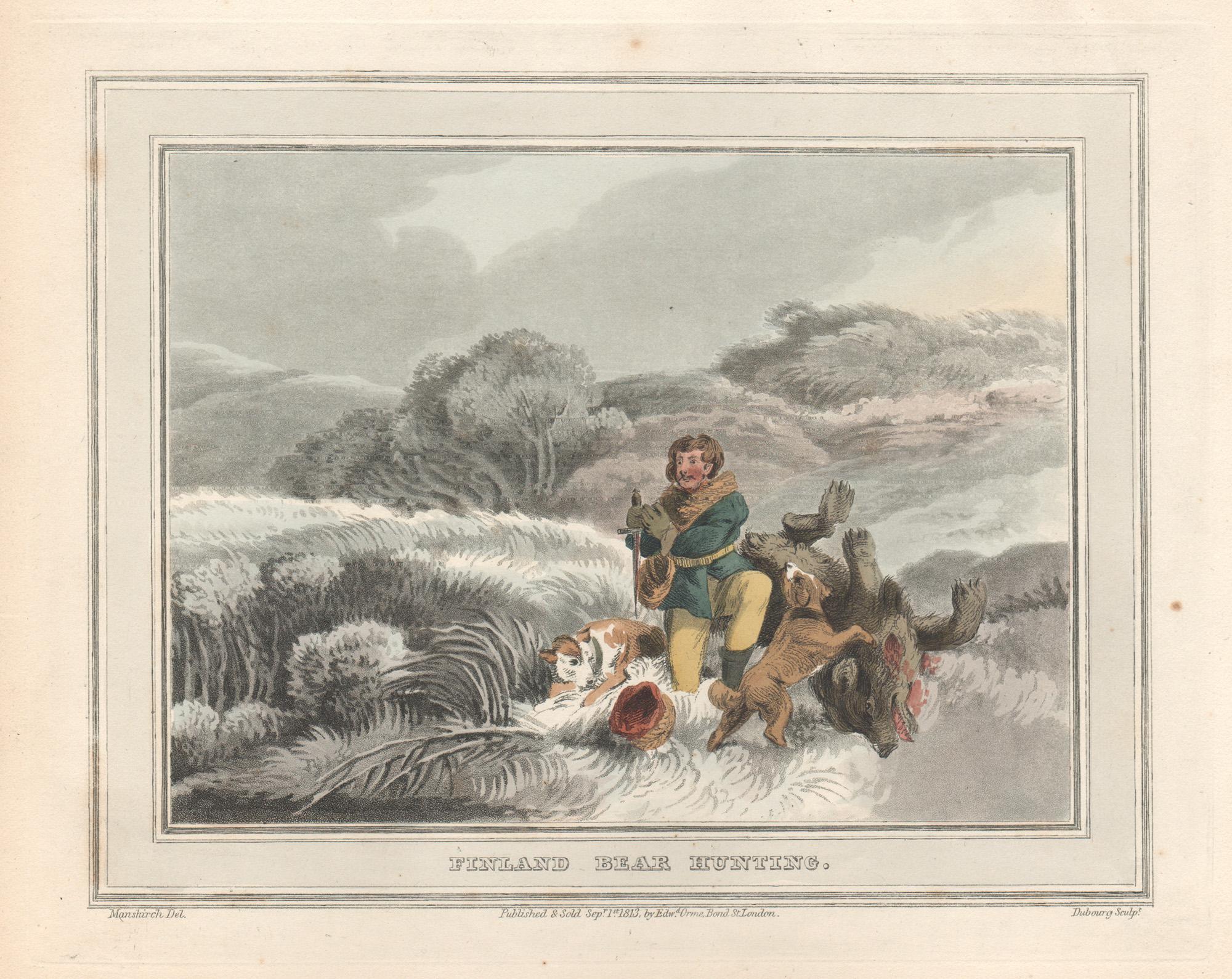 Matthew Dubourg  Animal Print - Finland Bear Hunting, aquatint engraving hunting snow print, 1813