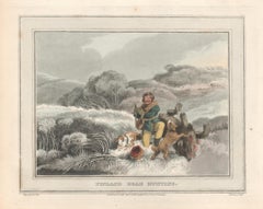 Antique Finland Bear Hunting, aquatint engraving hunting snow print, 1813