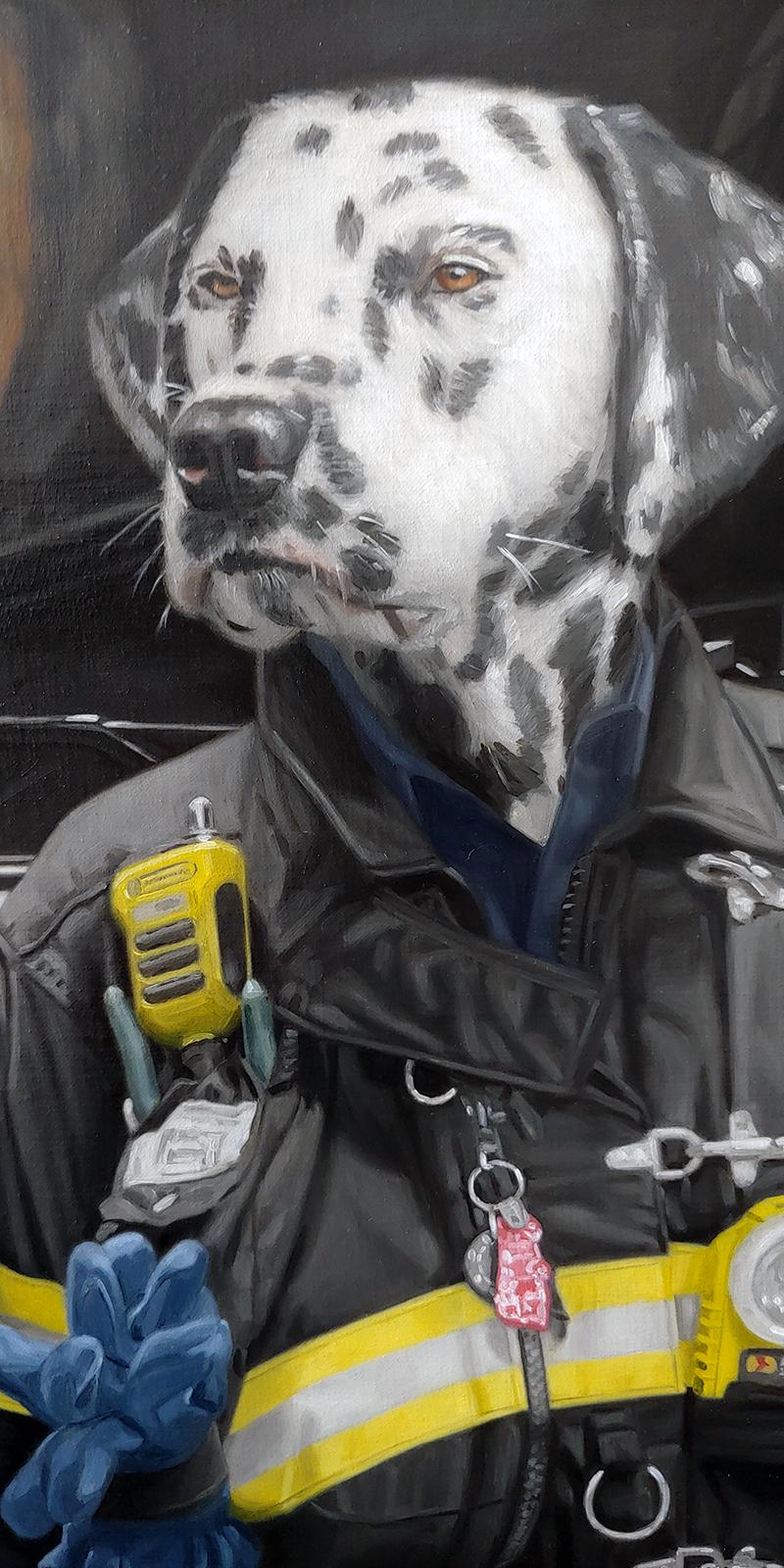 « Angleterre 101 » Dalmatian NYFD Super réalisme Huile sur toile, peinture fantaisie 2020 - Painting de Matthew Grabelsky