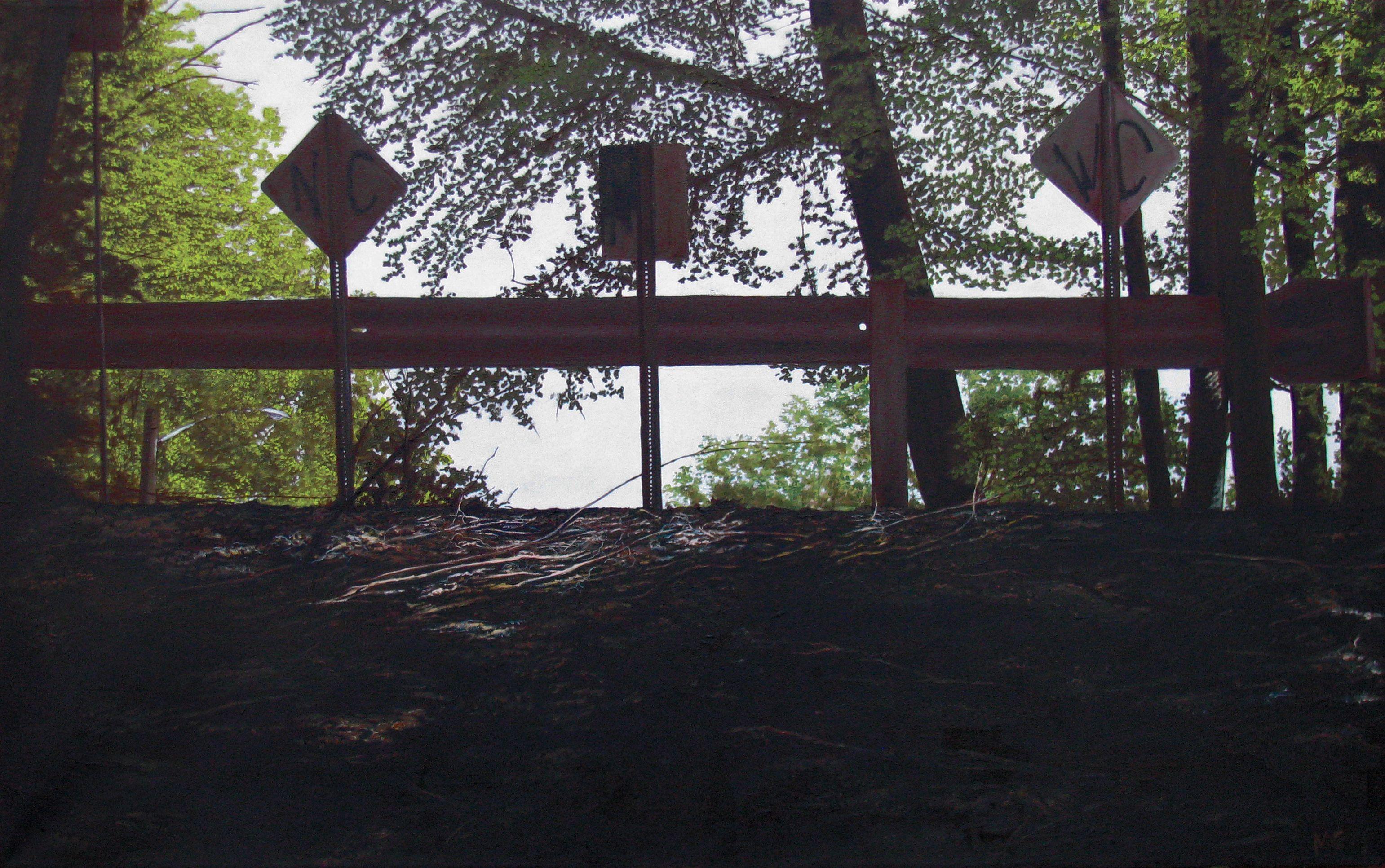 A roadside guardrail interrupts a hike in the park. Sunlight fills one side, and fallen branches are kept in the shadows on the other side.    This painting is part of a study of suburban New Jersey and the many unexpected places to be found among