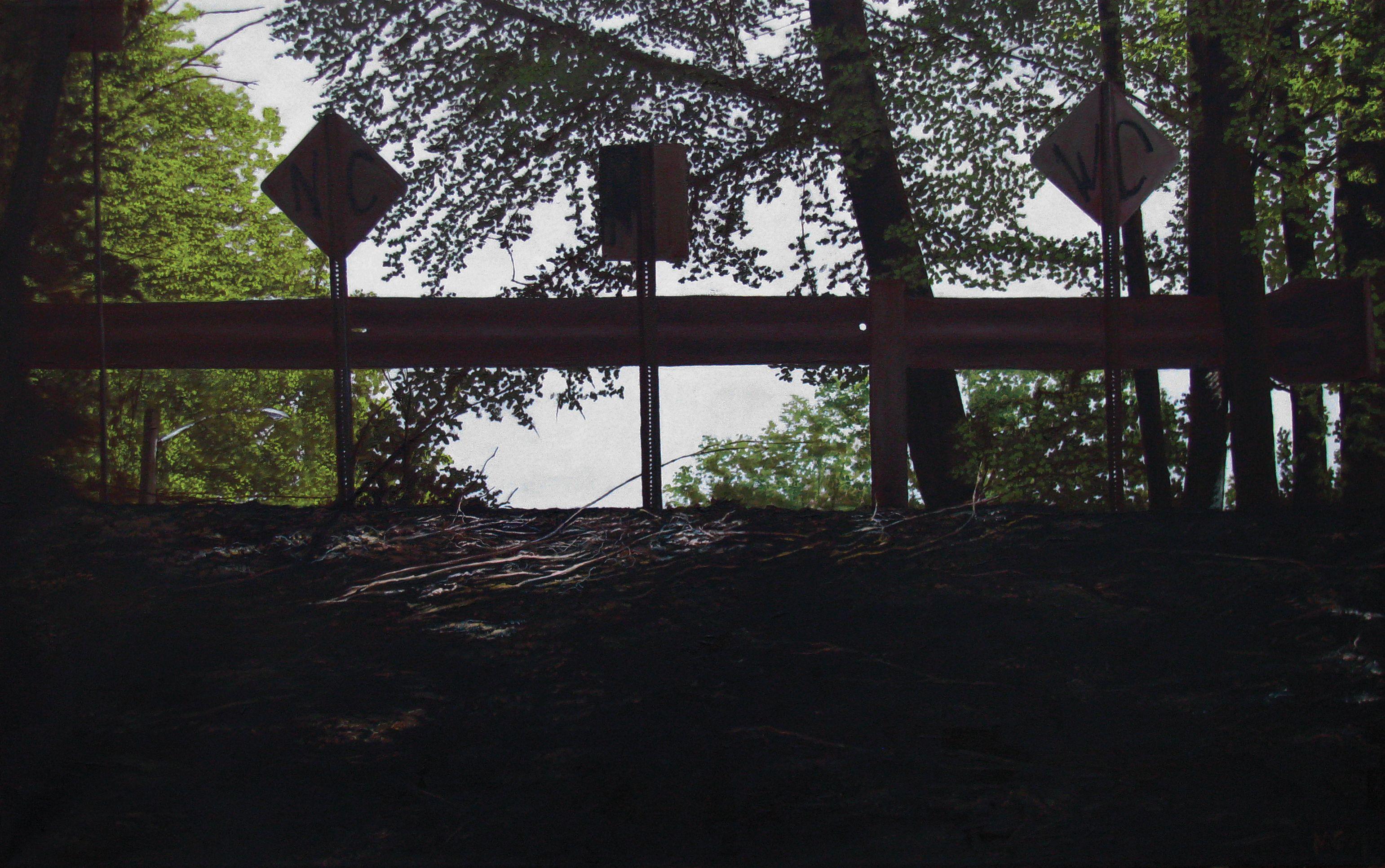 Splintered sunlight slipping through lush trees. Guard rail attempting to halt access.  :: Painting :: Photorealism :: This piece comes with an official certificate of authenticity signed by the artist :: Ready to Hang: Yes :: Signed: Yes ::