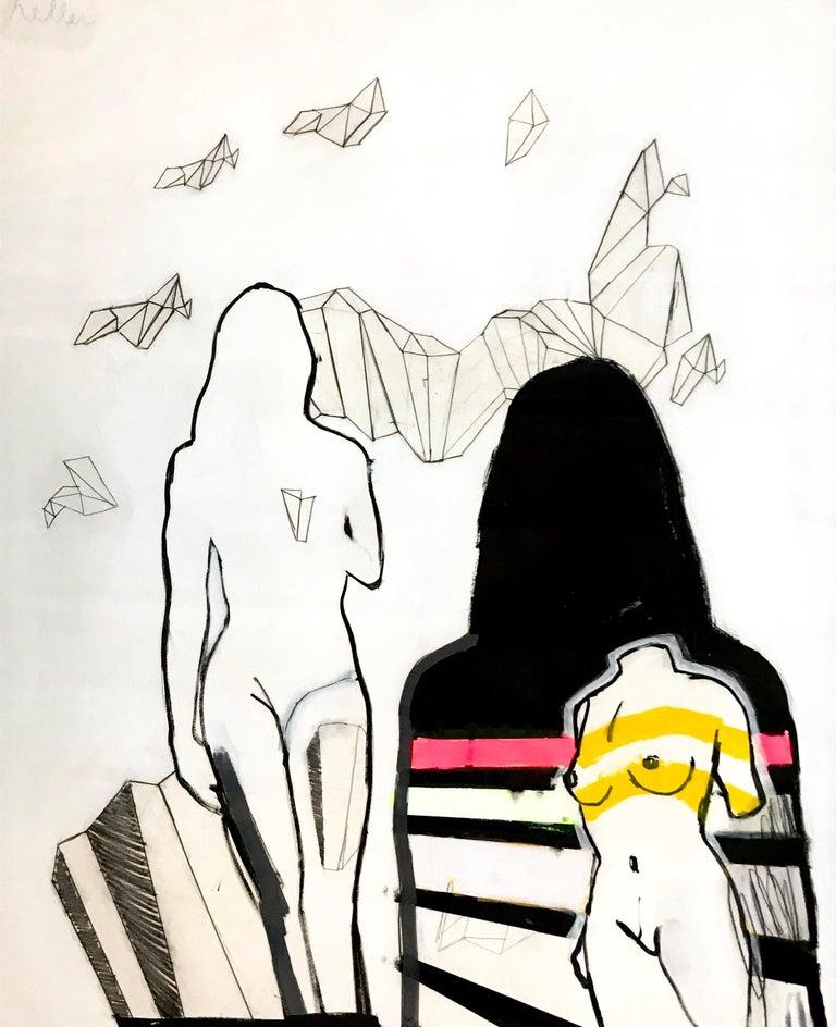 Figurative, Pencil, Acrylic, Paper, Shapes, Lines, Pink, Yellow, Black