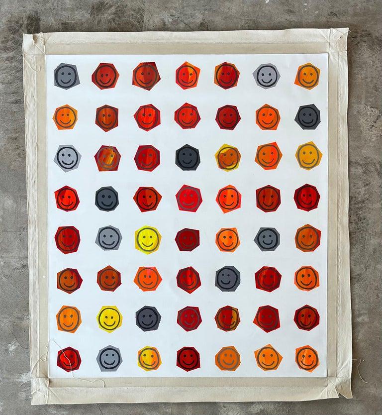 Großes Gemälde, Happy Face Grid, Rot, Acryl auf Leinwand, Matthew Heller im Angebot 1