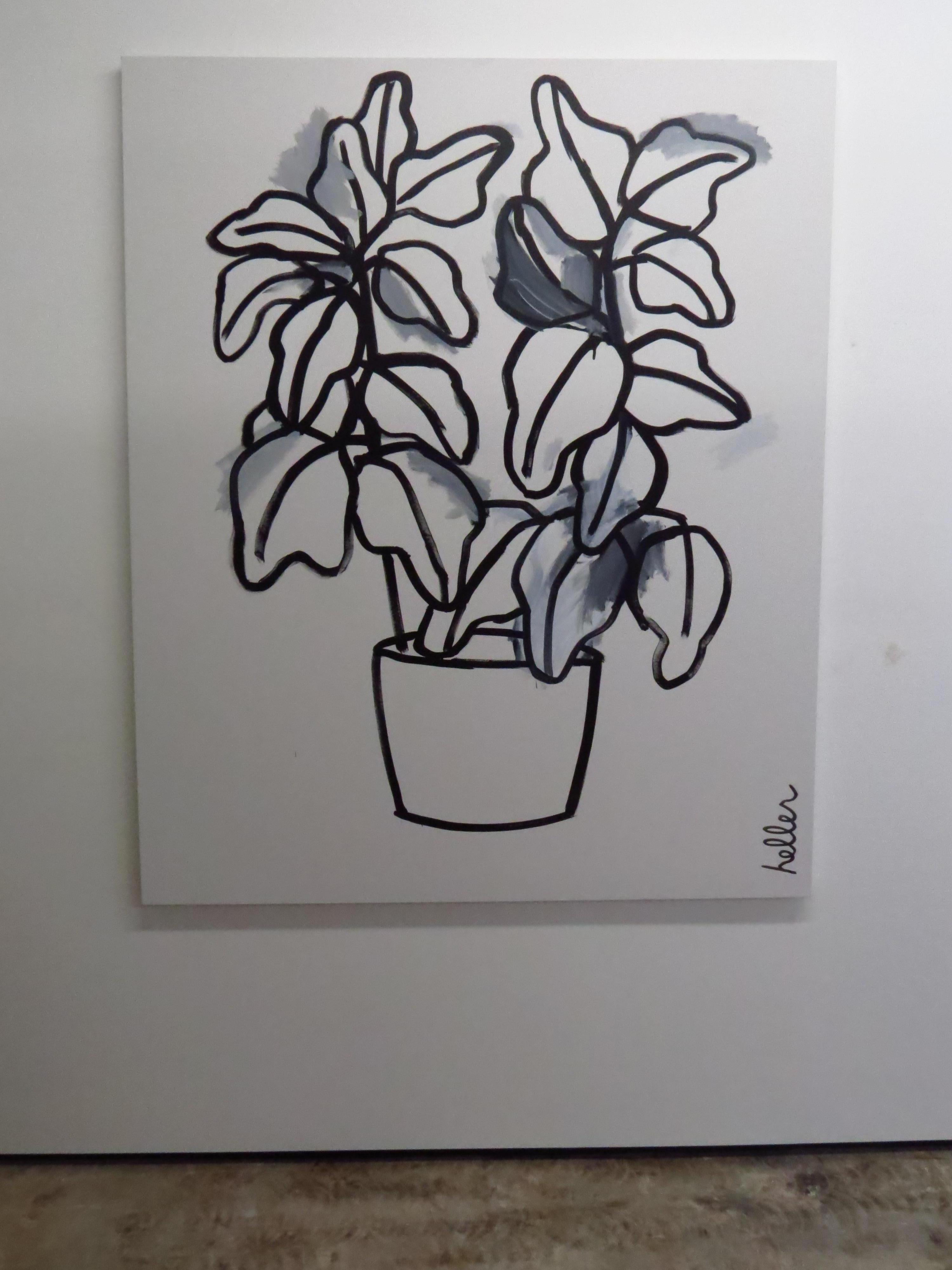 Plant (Gray), black and white, still life, painting, linear,  - Painting by Matthew Heller