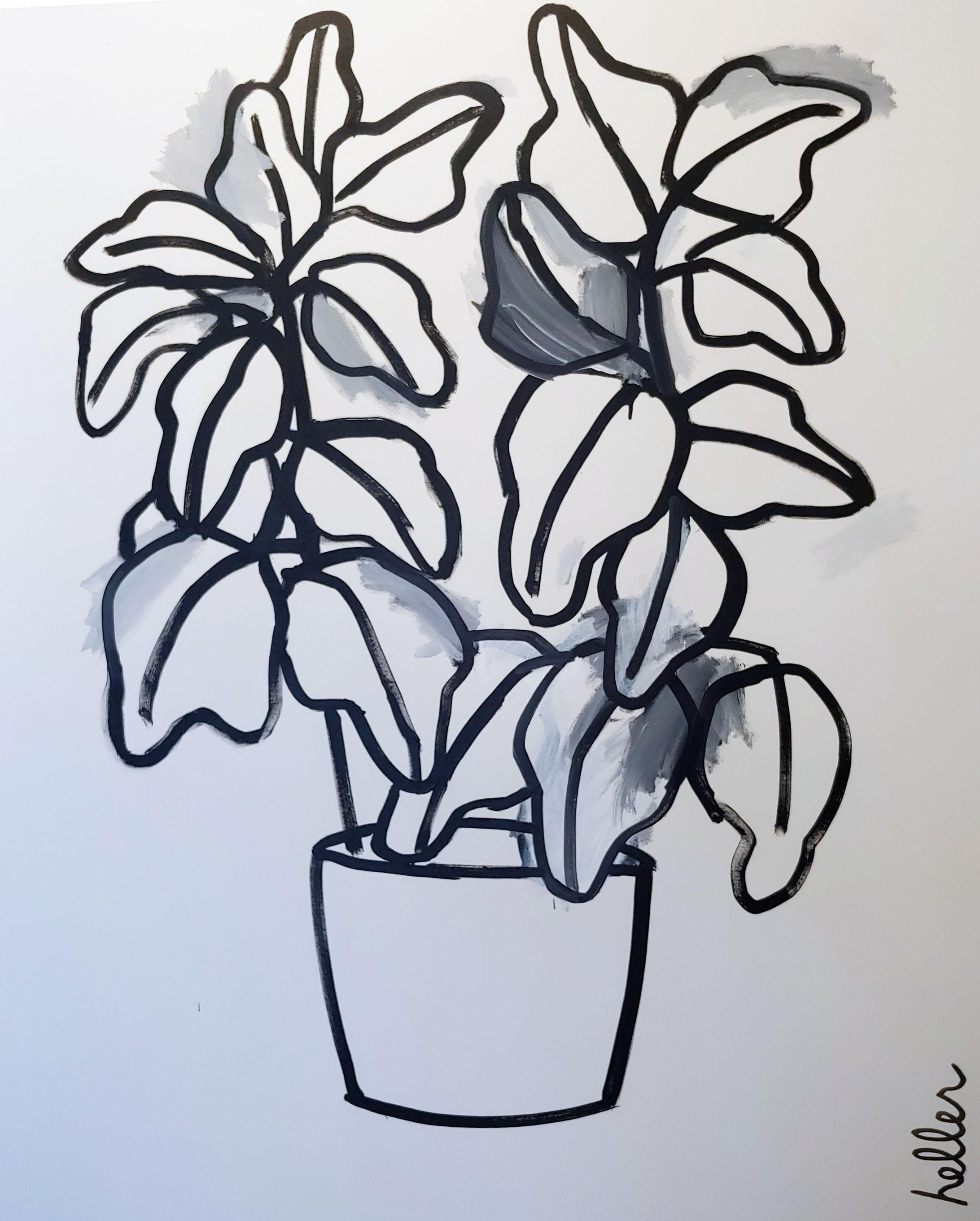 Matthew Heller Still-Life Painting - Plant (Gray), black and white, still life, painting, linear, 