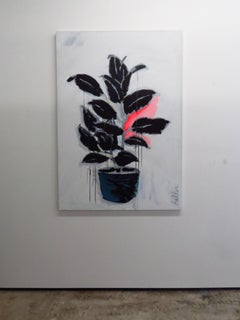 Untitled (Plant), pink, blue, fuchsia, black and white, painting, still life