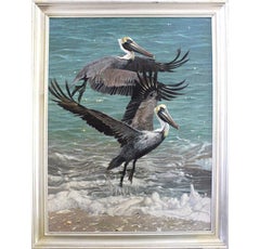 Pélicans bruns peinture à l'huile, encadrée, 21e siècle, 48x36 pouces