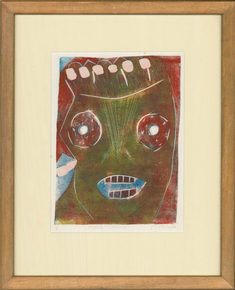 A striking modernist portrait showing a wide eyed angry face. The artist has signed, dated, inscribed and numbered (6/66) to the lower edge and the print has been presented in a simple wood frame with card mount. On wove.













