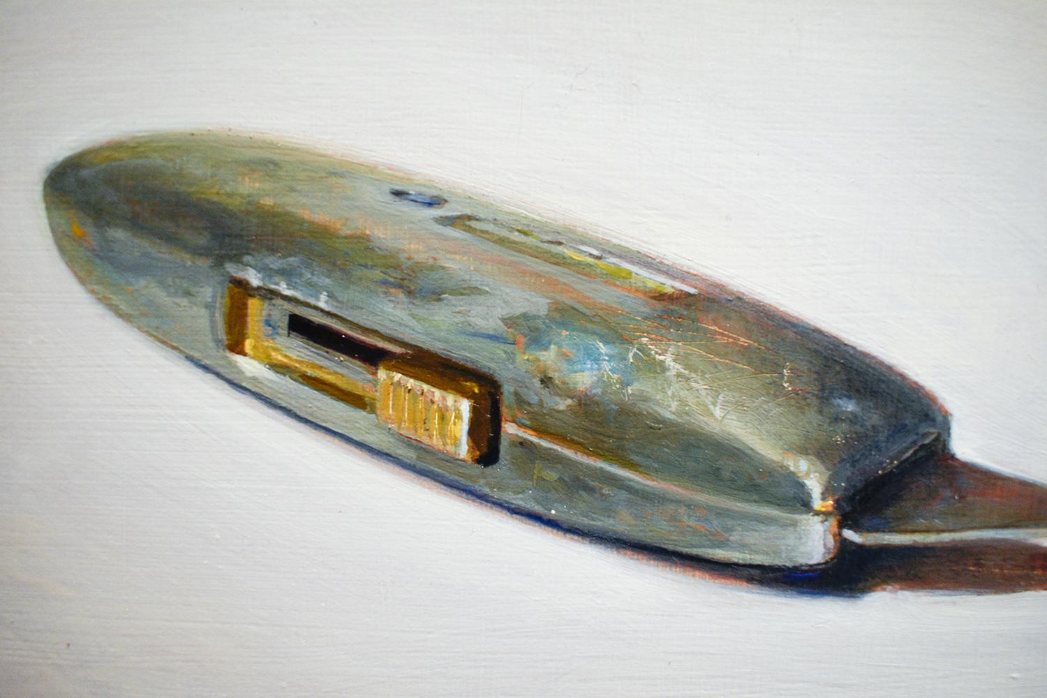 Small, square still life oil painting of a grey utility knife against a cream colored backdrop
