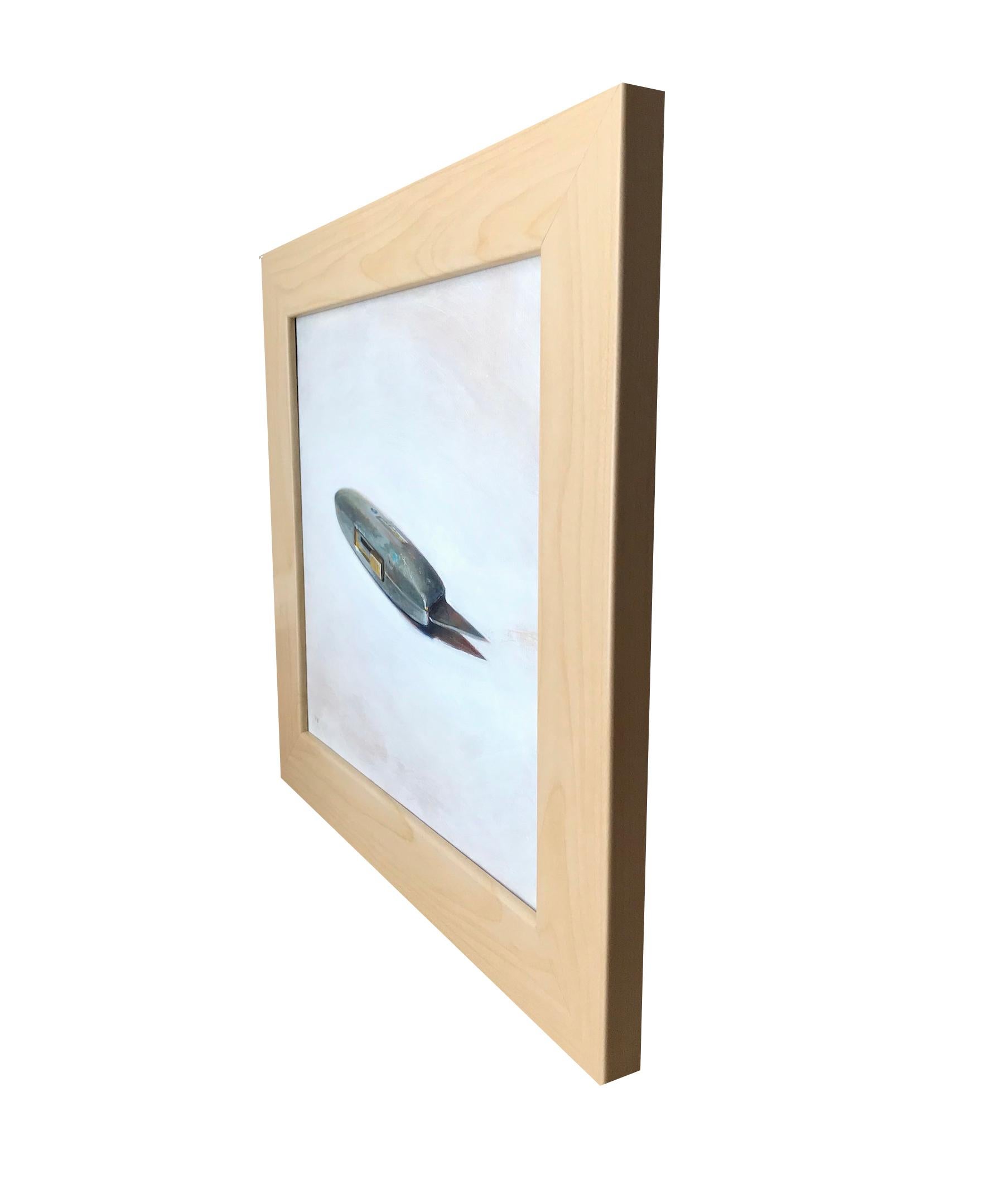 Blade (Framed Realistic Still Life Oil Painting of Grey Utility Knife on Beige) For Sale 2