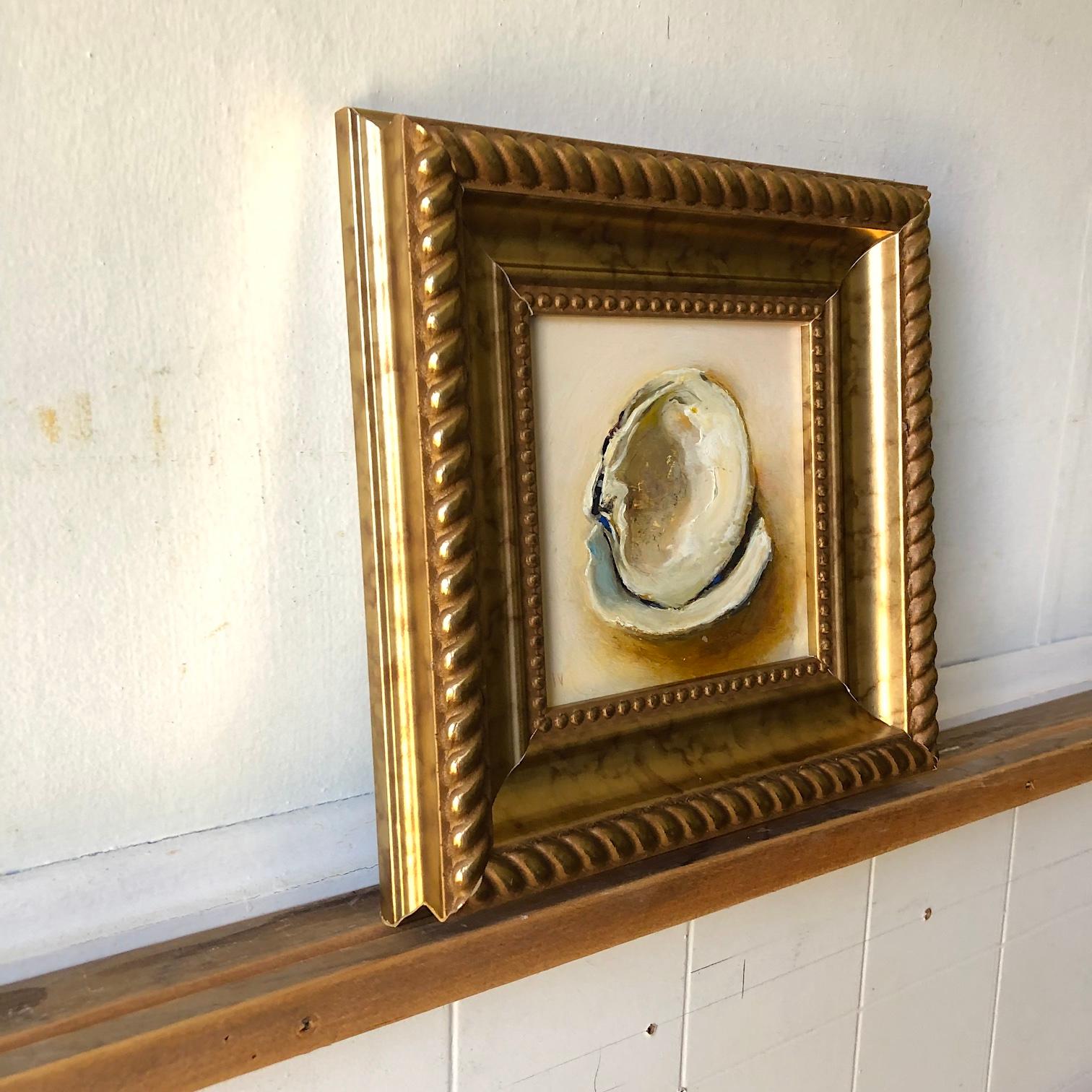 Clams #2 (Contemporary Realist Still Life Oil of Shells with Gold Leaf, Framed) 1