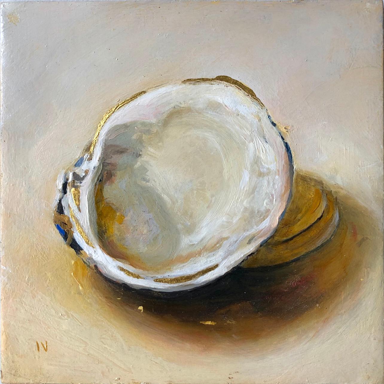 Clams #2 (Contemporary Realist Still Life Oil of Shells with Gold Leaf, Framed) - Mixed Media Art by Matthew Hopkins