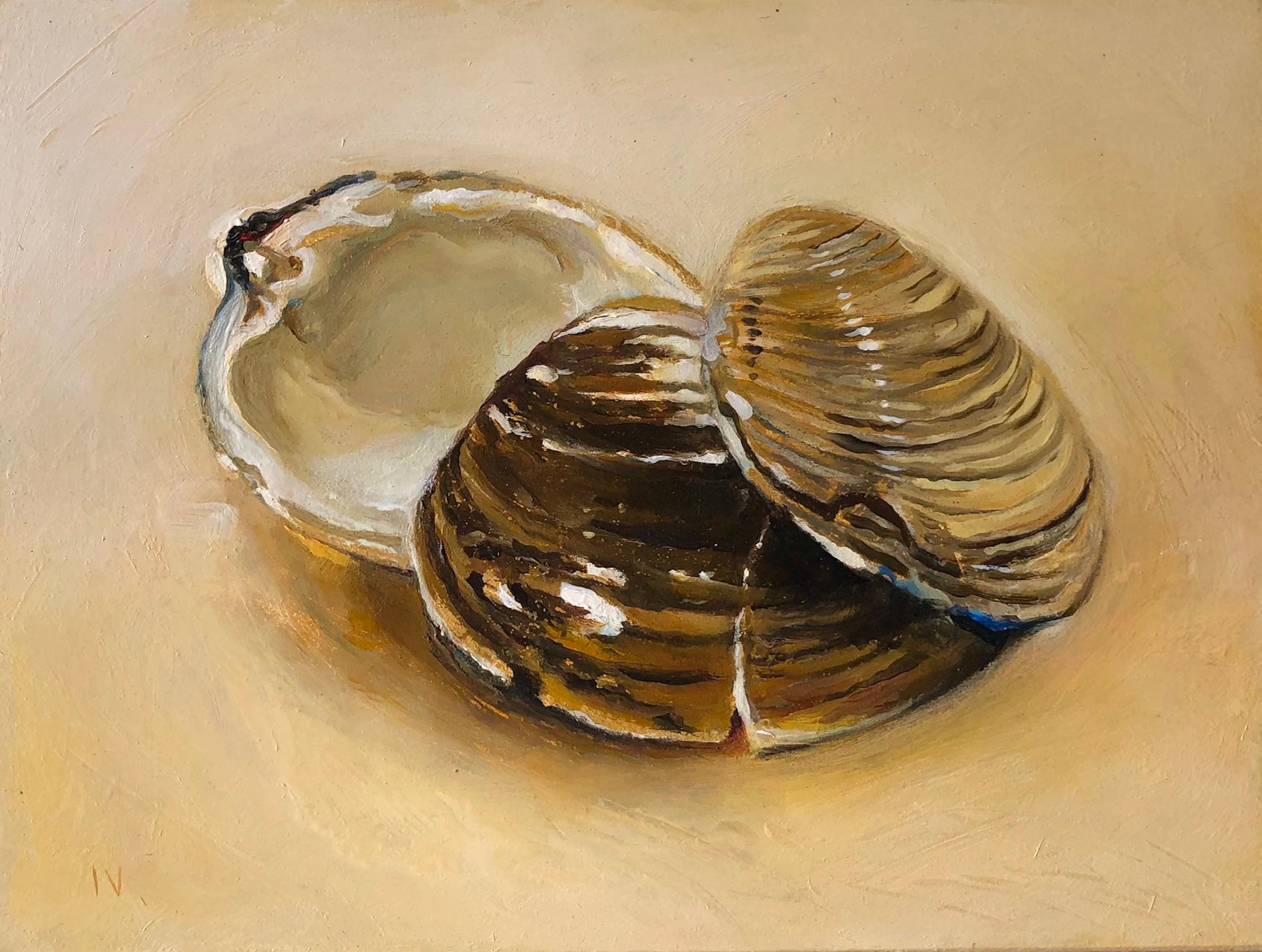 Clams #20 (Contemporary Realist Still Life in Oil of Clam Shell, Gold Leaf)