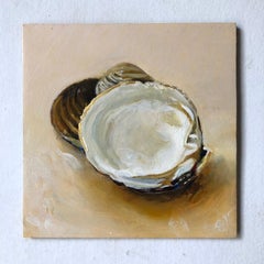 Clams #9 (Contemporary Realist Still Life of Clam Shell with Gold Leaf, Framed)