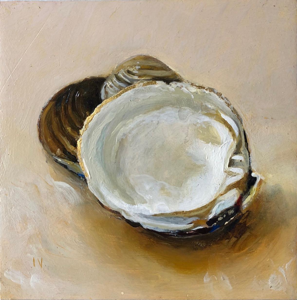 Clams #9 (Contemporary Realist Still Life of Clam Shell with Gold Leaf, Framed) - Mixed Media Art by Matthew Hopkins