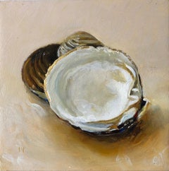 Clams #9 (Contemporary Realist Still Life of Clam Shell with Gold Leaf, Framed)