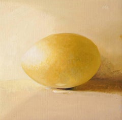 Egg (Small Still Life Painting of a Golden Egg on Light Yellow Background)