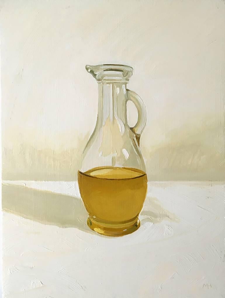 Matthew Hopkins Still-Life Painting - Extra Virgin (Small, Realistic Still Life Painting of Olive Oil Bottle) 