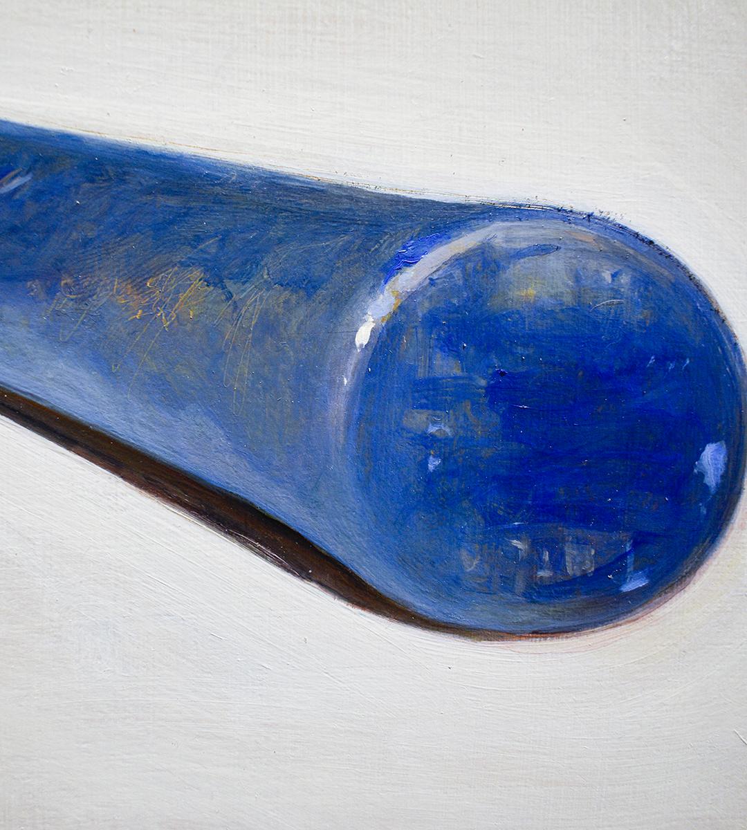 Hammer: Framed Realistic Still Life Oil Painting of Everyday Tool in Blue, Cream For Sale 1
