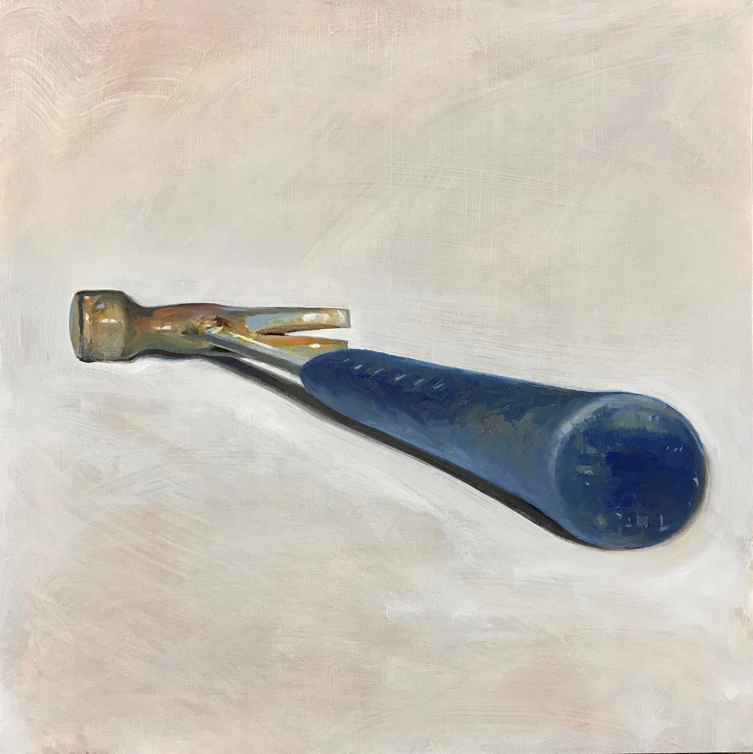 Hammer: Framed Realistic Still Life Oil Painting of Everyday Tool in Blue, Cream