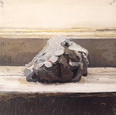 Lump (petite peinture réaliste de nature morte réaliste encadrée représentant une charbonnière noire) 