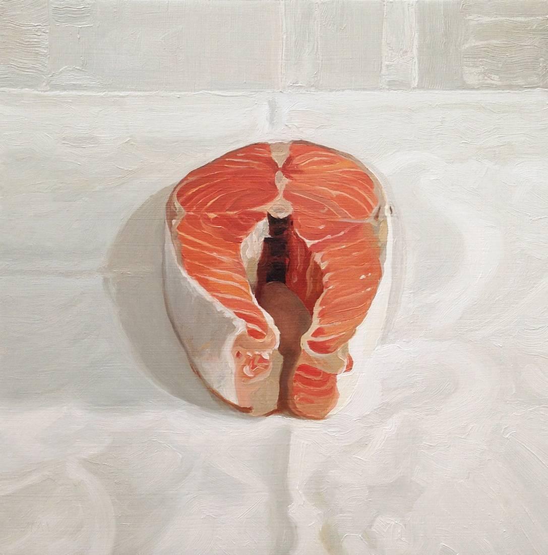 Matthew Hopkins Still-Life Painting - Omega (White and Pink Still Life of Salmon Steak)