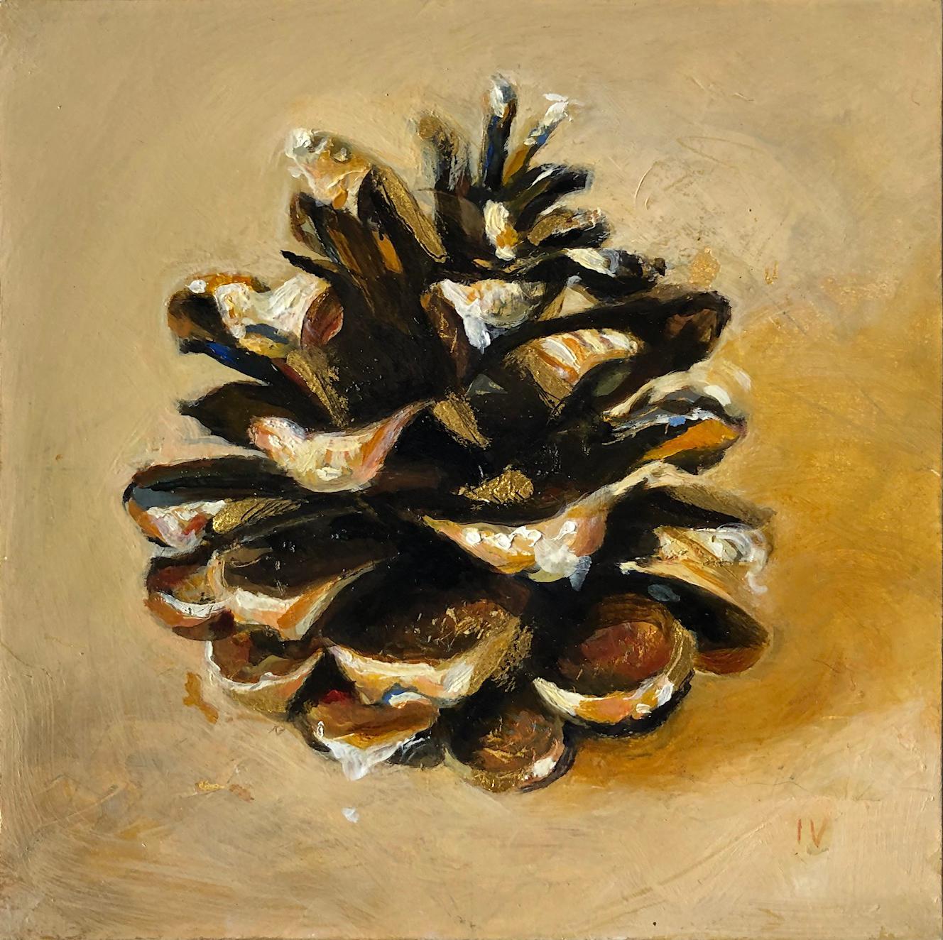 Pinecone #12 (Contemporary Realist Still Life of Conifer Cone with Gold Leaf)