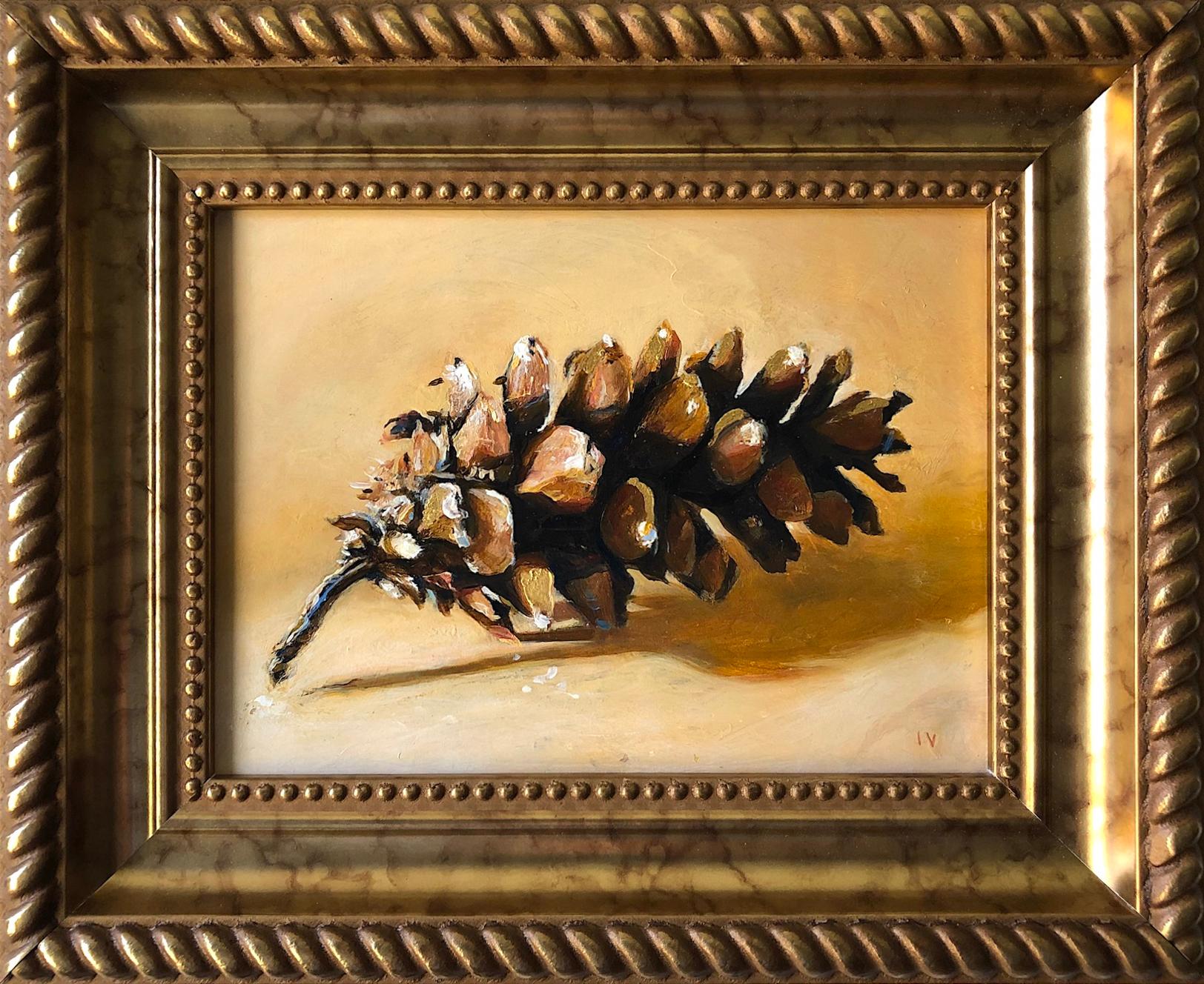 Pinecone #2 (Contemporary Realist Still Life Painting of Pinecone w/ Gold Leaf) For Sale 1