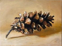 Pinecone n° 2 (peinture réaliste contemporaine de nature morte de pin avec feuille d'or)