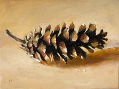 Pinecone #3 (Contemporary Realist Still Life Painting of Pinecone w/ Gold Leaf)