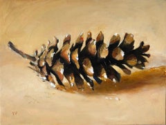 Pinecone n° 3 (peinture réaliste contemporaine de nature morte de pin avec feuille d'or)