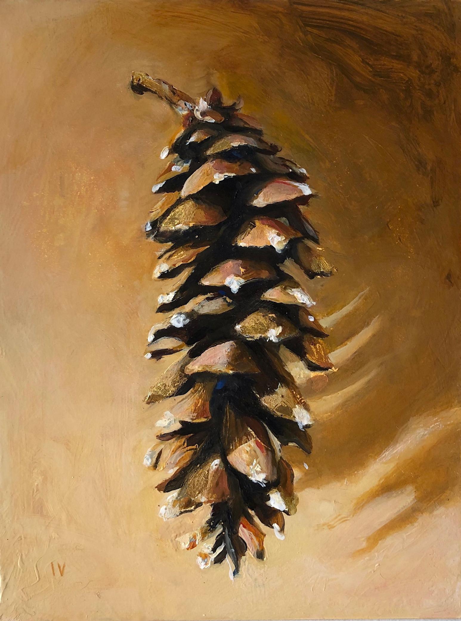 Pinecone #5 (Contemporary Realist Still Life Painting of Pinecone w/ Gold Leaf) 1