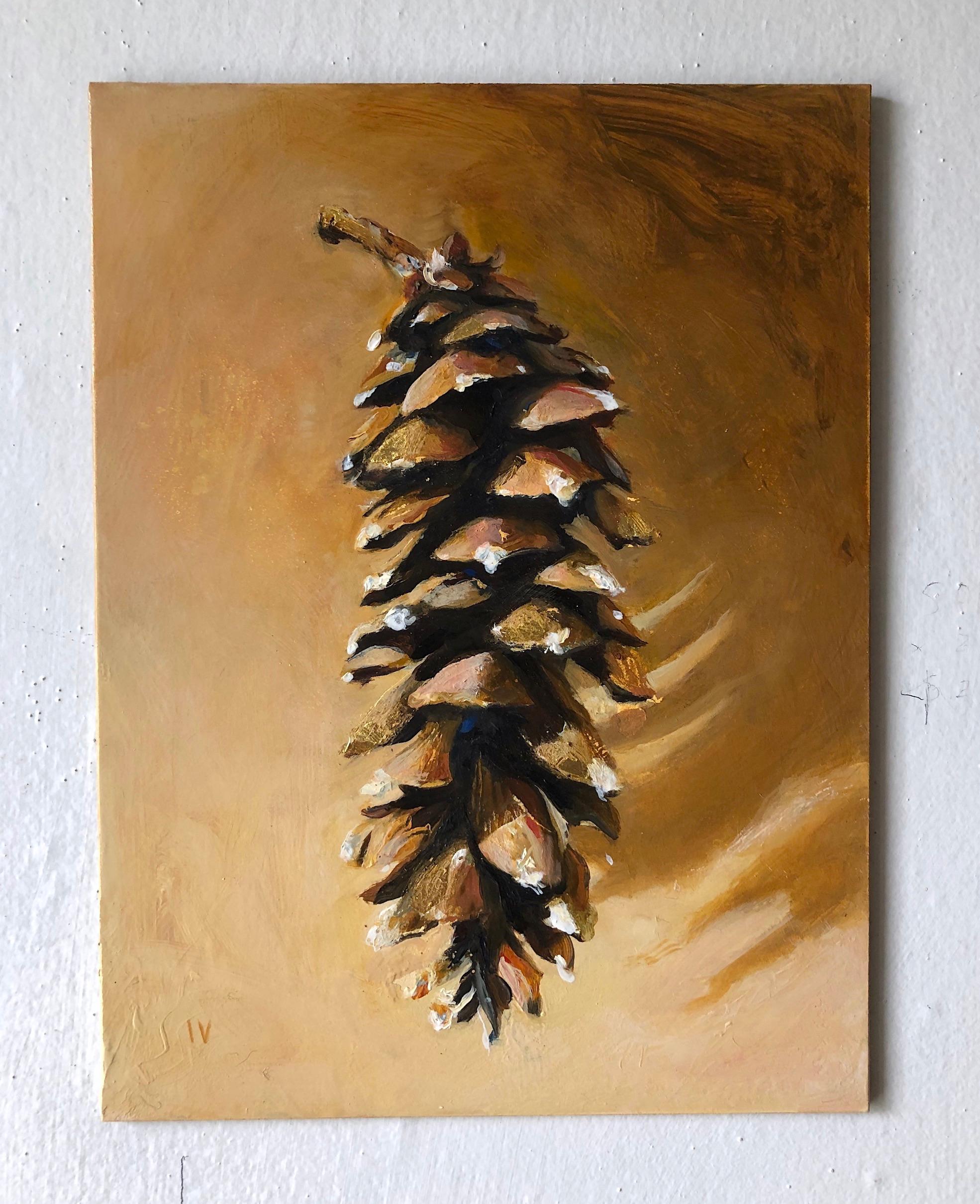 Pinecone #5 (Contemporary Realist Still Life Painting of Pinecone w/ Gold Leaf) 2