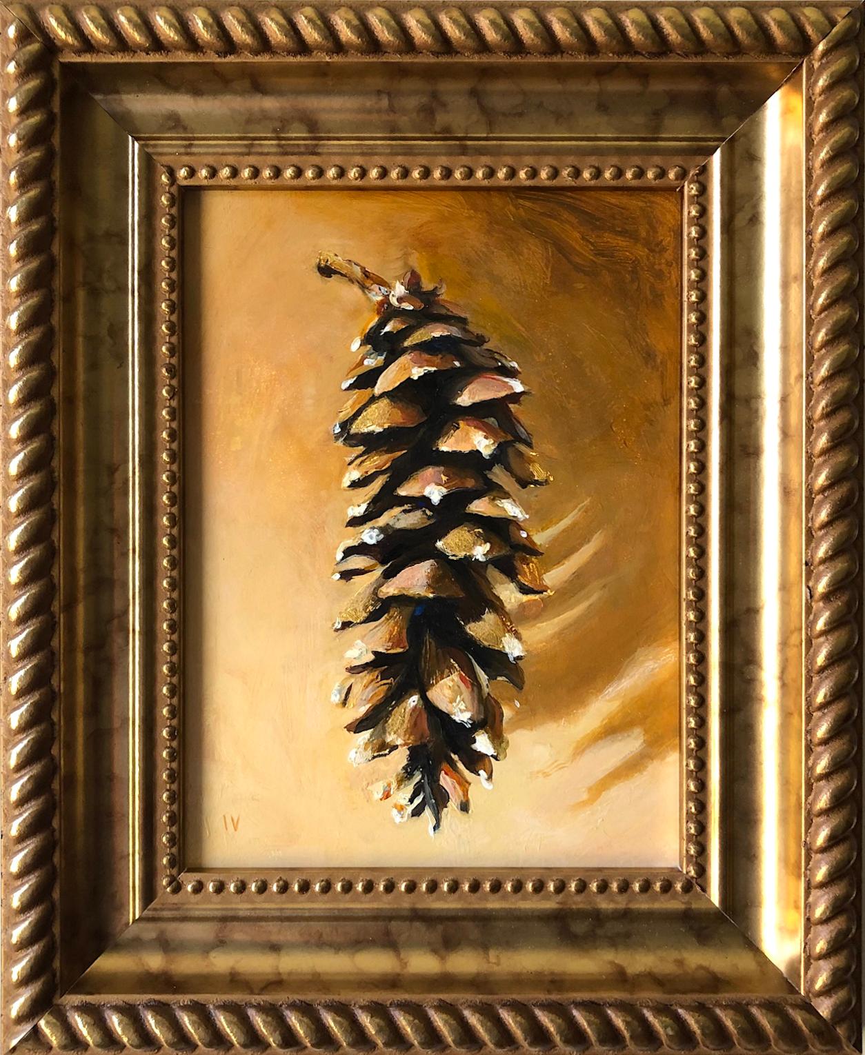Realistic still life painting of a pine cone with gold leaf on a warm yellow background
"Pinecone #5" By Matthew Hopkins, 2021
Oil on panel
6 x 8 inches unframed
9.5 x 11.5 inches in traditional gold frame

Matthew Hopkins corrals commonplace,