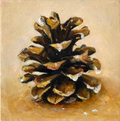 Pinecone #7 (Contemporary Realist Still Life Oil Painting of Conifer, Gold Leaf)