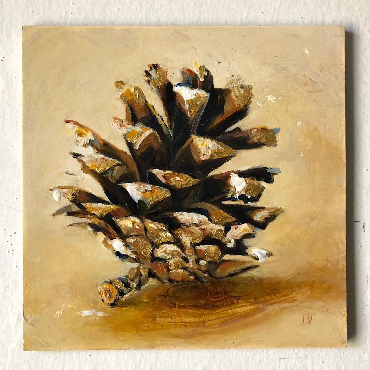 Pinecone n°9 ( Nature morte réaliste contemporaine - Huile de pin avec feuille d'or - Nature morte réaliste) - Contemporain Mixed Media Art par Matthew Hopkins