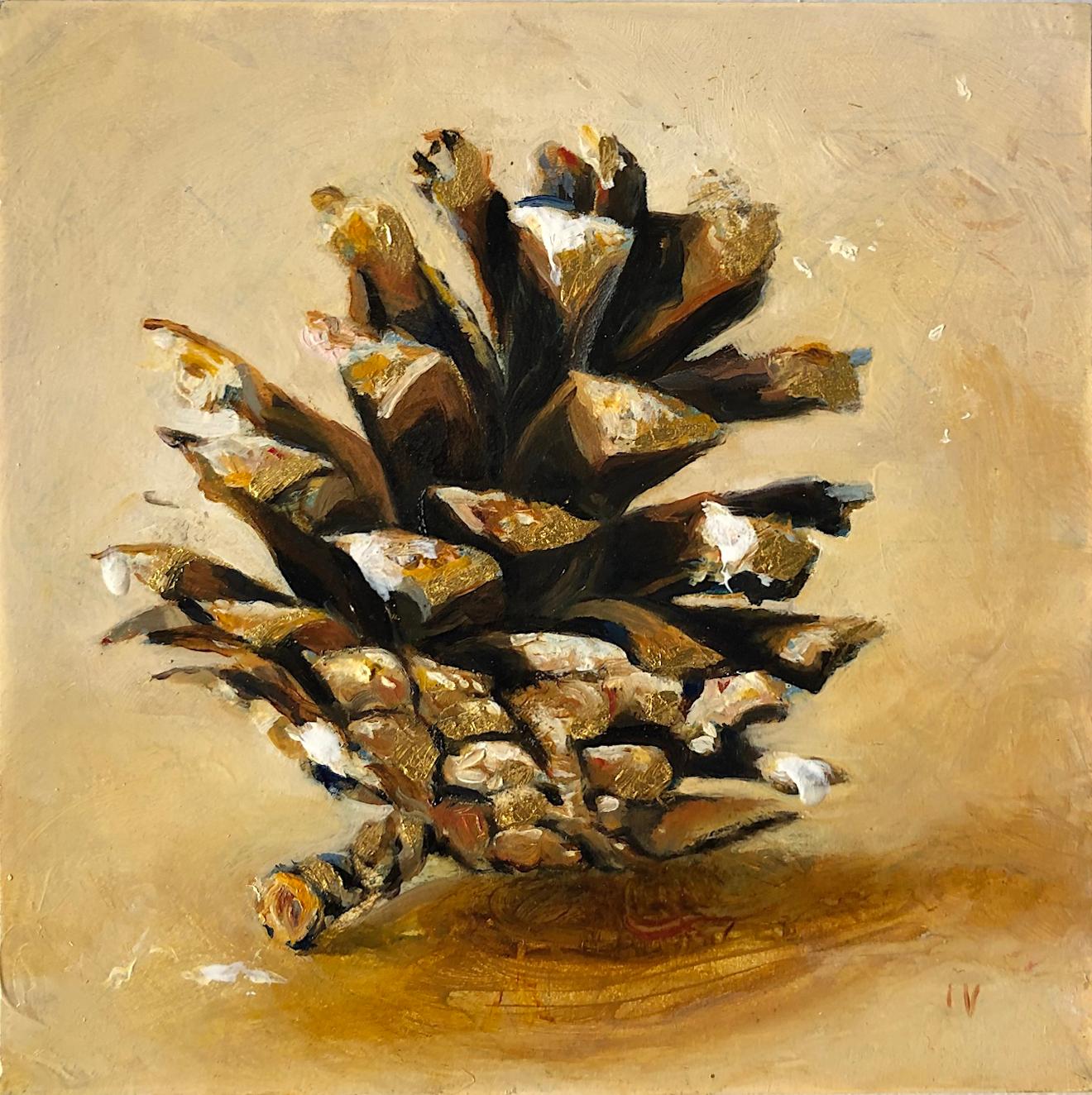 Pinecone n°9 ( Nature morte réaliste contemporaine - Huile de pin avec feuille d'or - Nature morte réaliste) - Mixed Media Art de Matthew Hopkins
