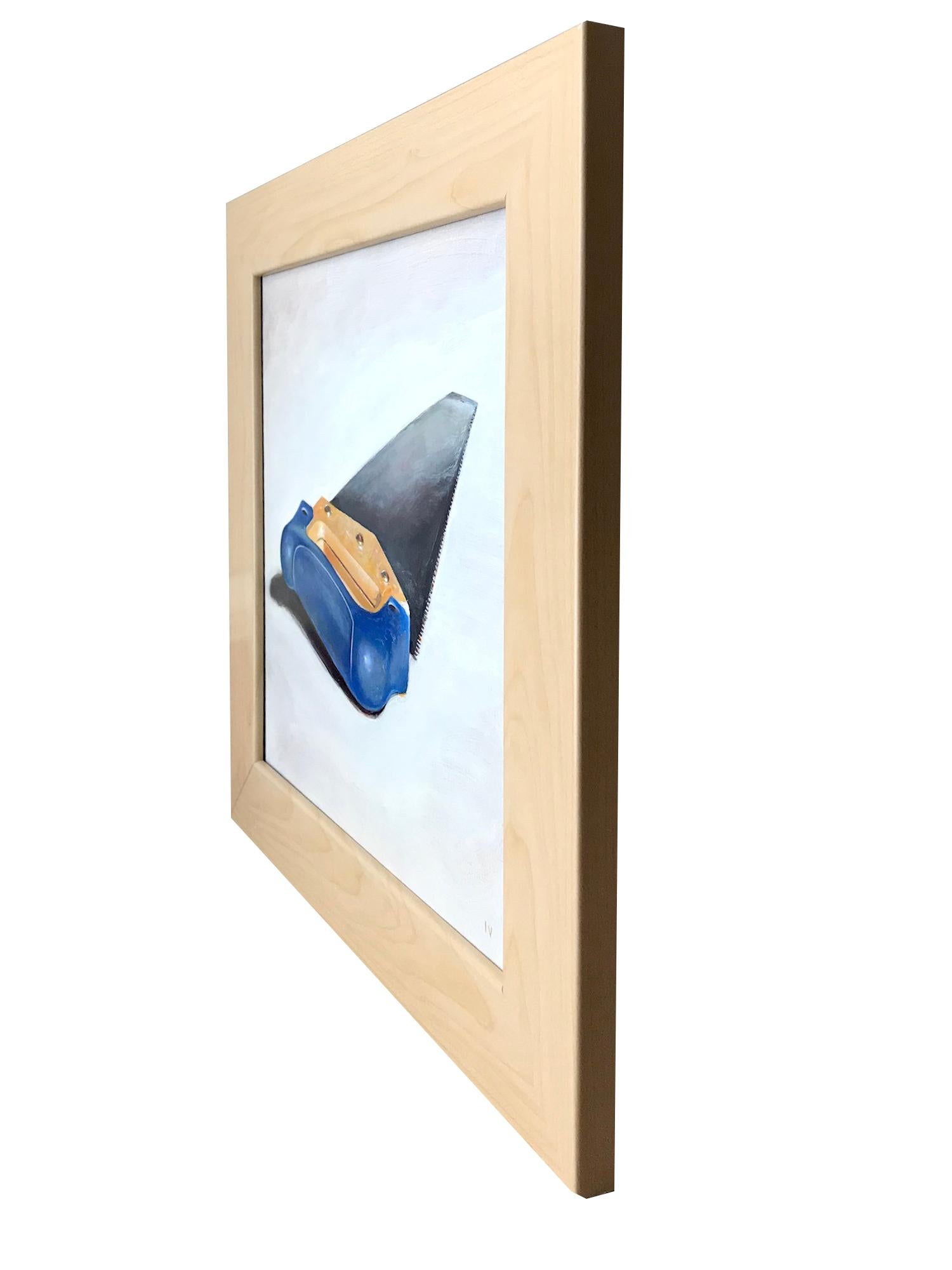 Saw (Realistic Still Life Oil Painting Blue Everyday Tool in Light Wood Frame) For Sale 1