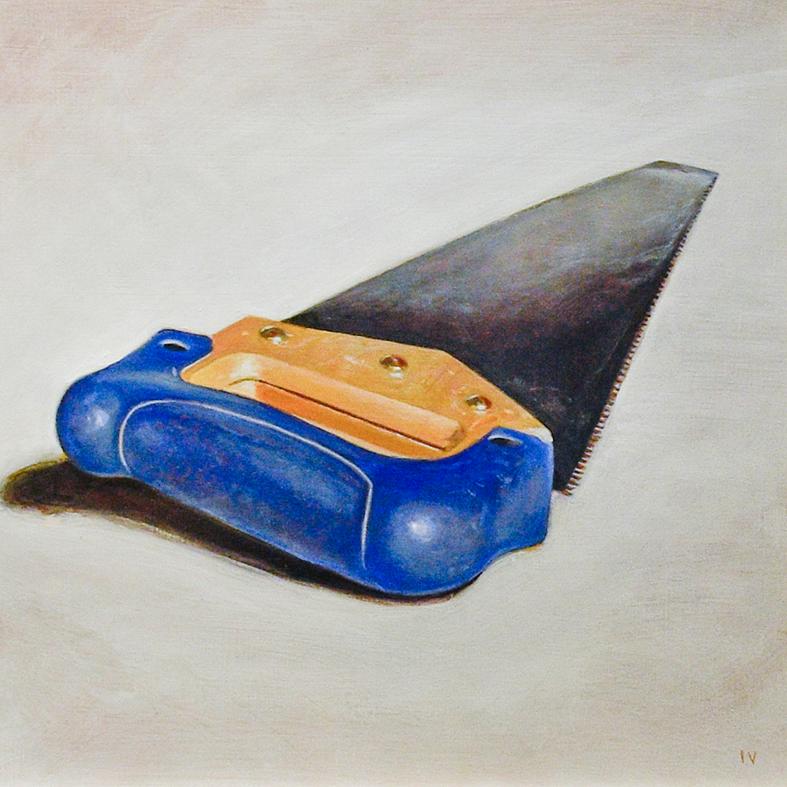 Saw (Realistic Still Life Oil Painting Blue Everyday Tool in Light Wood Frame)