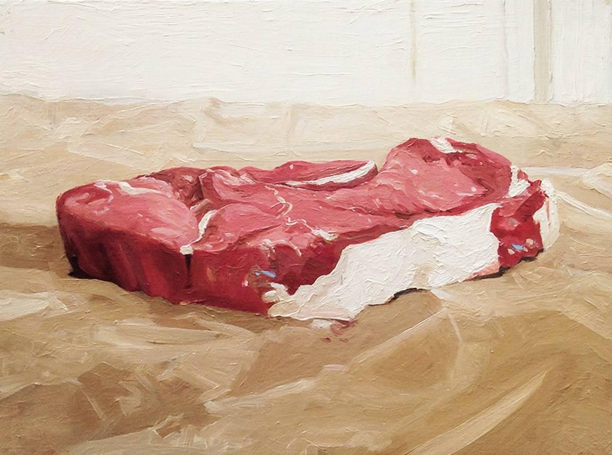 Matthew Hopkins Still-Life Painting - Steak (Small Food Still Life Painting of Red Meat) 