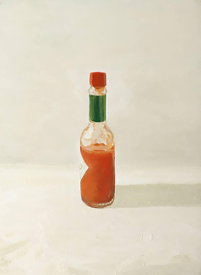 Matthew Hopkins Still-Life Painting - Tobasco (Small Still Life Oil Painting of Red Tabasco Hot Sauce) 