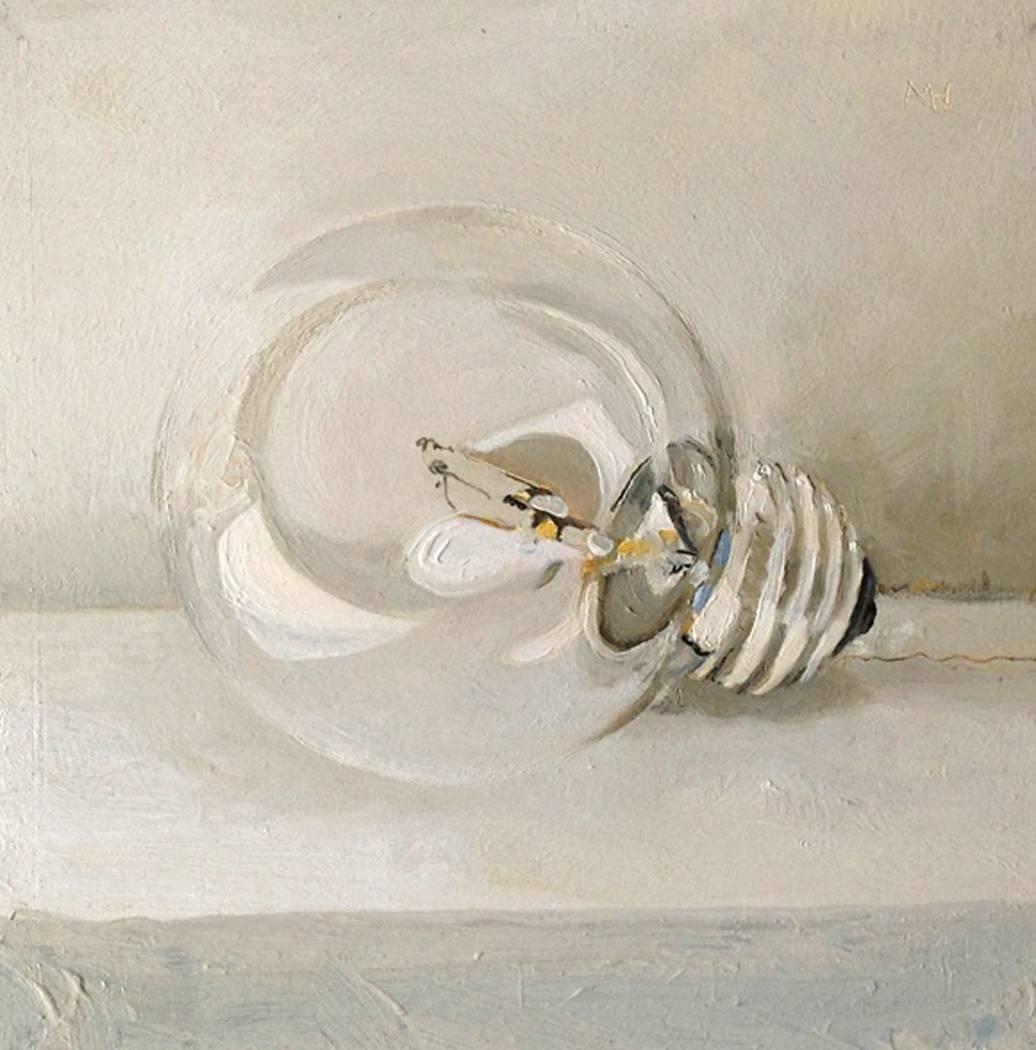 Matthew Hopkins Still-Life Painting - Watt (Small Still Life Painting of a White Light Bulb)