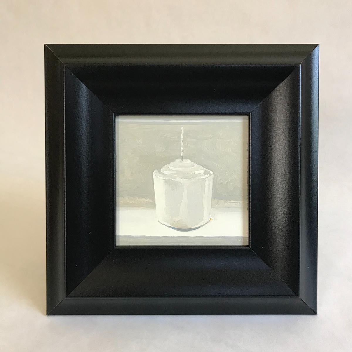 Small, still life painting on panel of a simple white candle with a black frame
oil on panel
5 x 5 inches unframed
9.5 x 9.5 inches framed

As part of his 