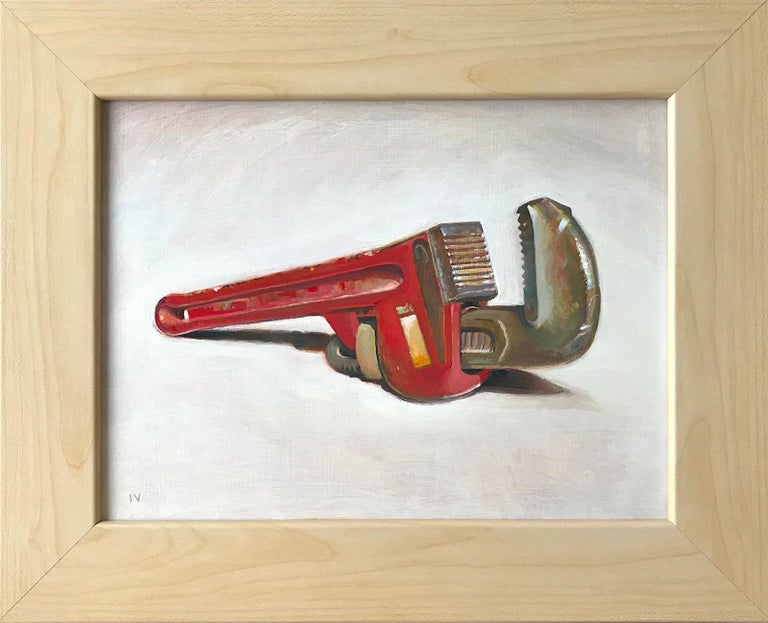 Wrench (Realistic Still Life Oil Painting of Red Tool with Light Wood Frame) For Sale 1